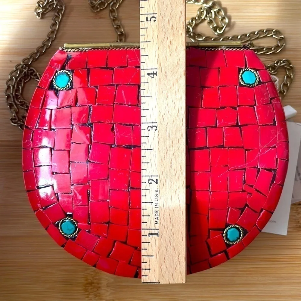 Brand New Antik Kraft Handcrafted India Small Metal Clutch Red Berry Chain Purse
